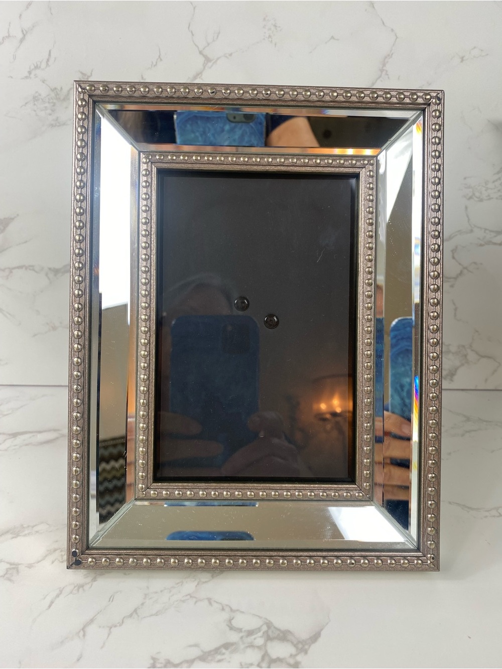 Mirrored Beaded Accent Picture Frame - Silver Art Deco